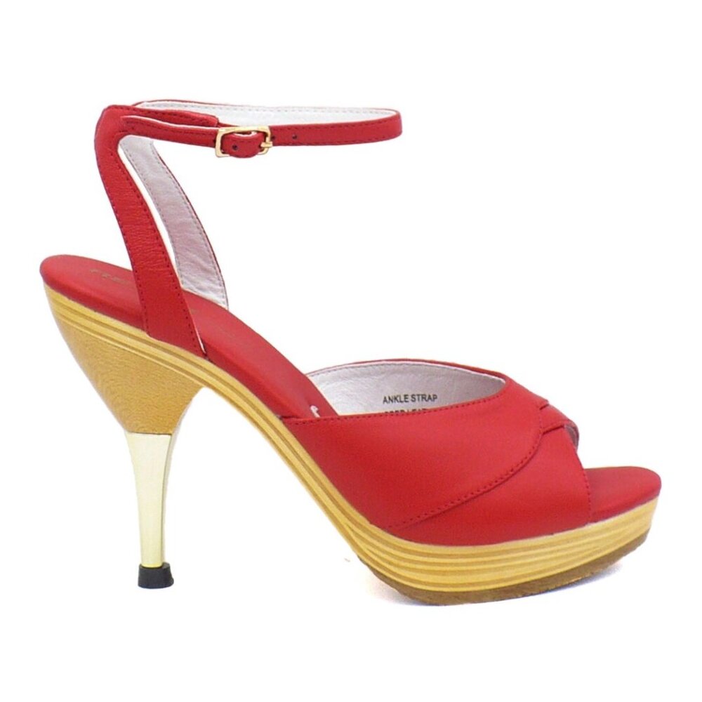 BNWOT Cute/Sexy Pin-up Ankle Strap Red Stilettos with Gold Heel, Size 6